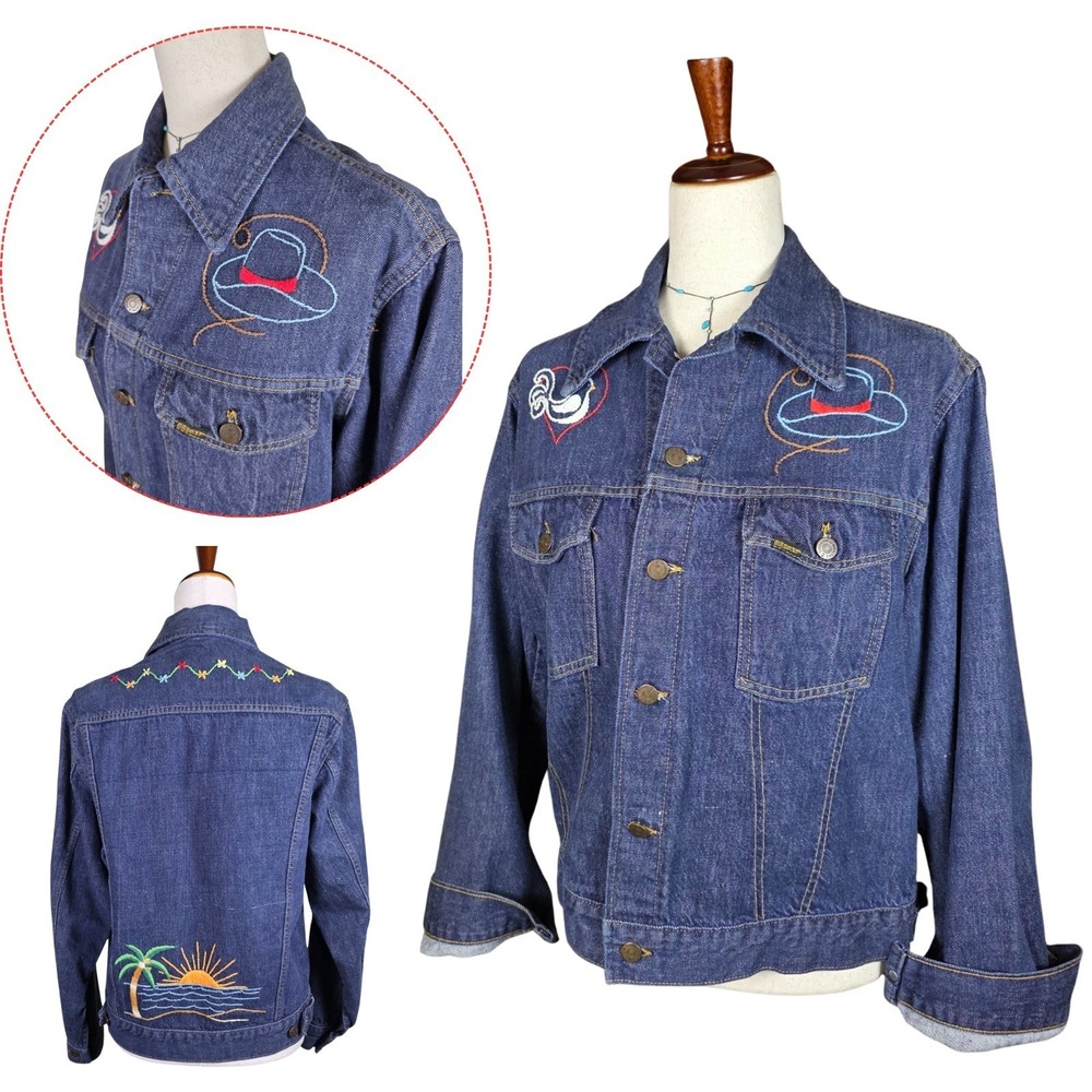 70s Sears Roebuck Embroidered Selvedge Jean Jacket‎ 40R M Cowboy Sunset Denim